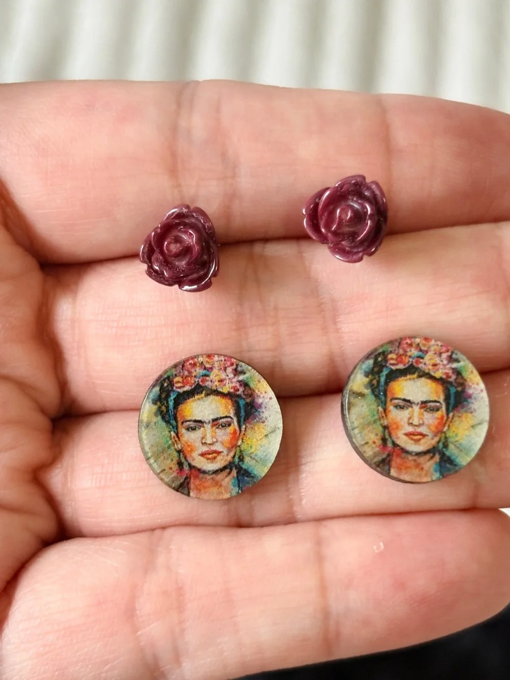 Frida Kahlo Portrait Stud Earrings & Rose Studs Bundle Set